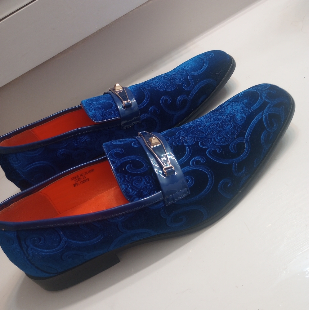Blue Embossed Velvet Men's Slip-On Loafers - Picture 4 of 9